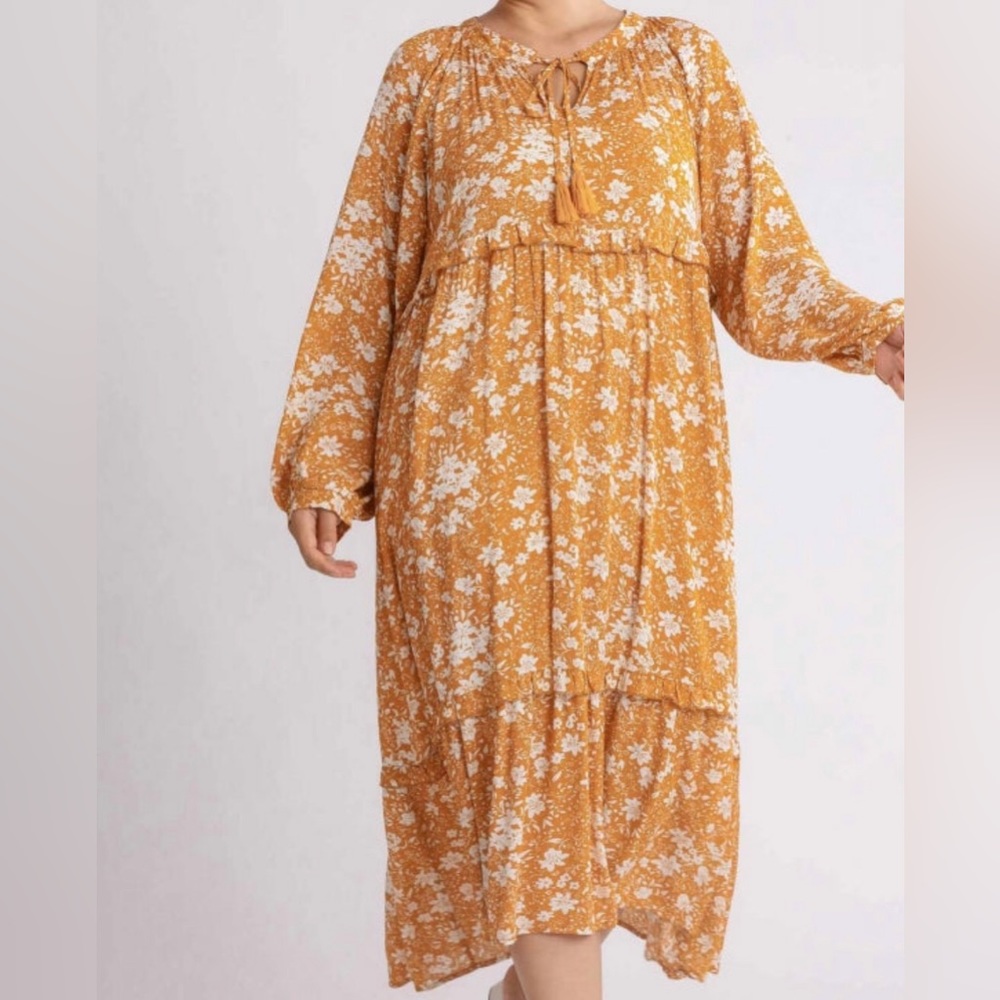 NWT Umgee Goldenrod Floral Long Sleeve Tassel Tie Ruffle Trim Maxi Dress sz XL